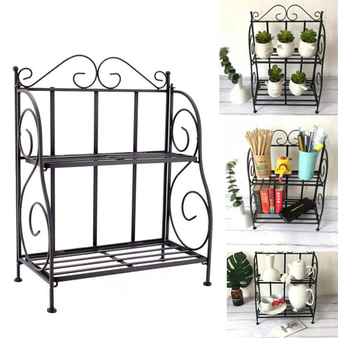 2-layers Iron Plant Stand Shelf Rack Simple Indoor Coffee Bar Garden Balcony Flower Pot Shelf Multi-use Shelf Home Decoration